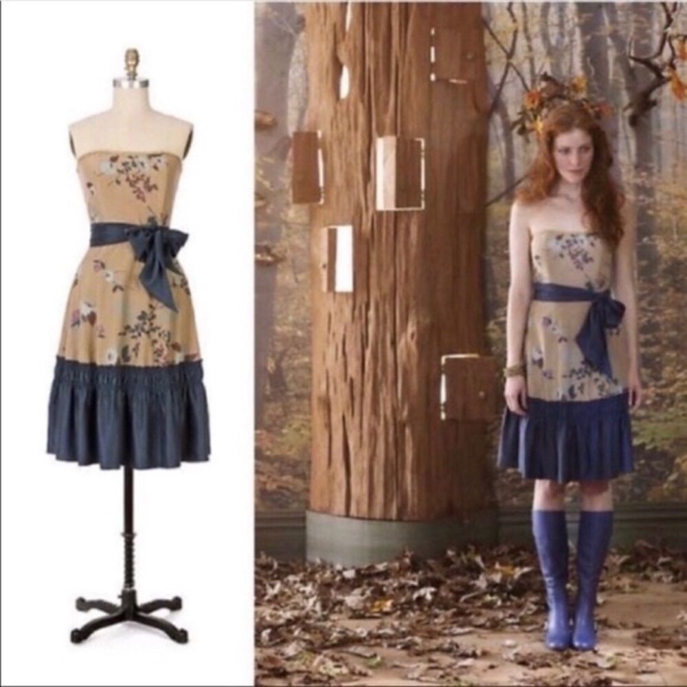 Anthropologie winter flame strapless dress ruffle hem‎
